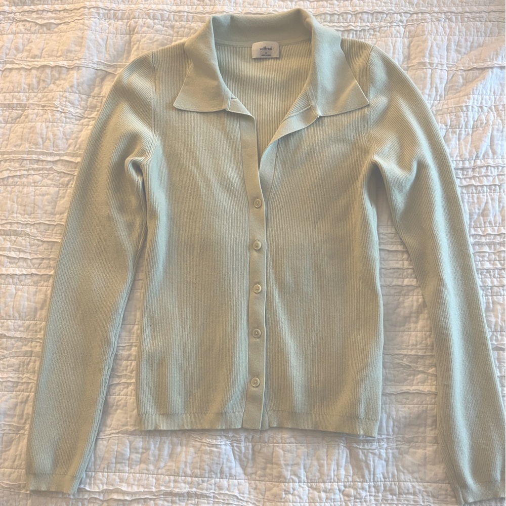 Wilfred collared button up sweater/ cardigan. Light green/ sea foam.